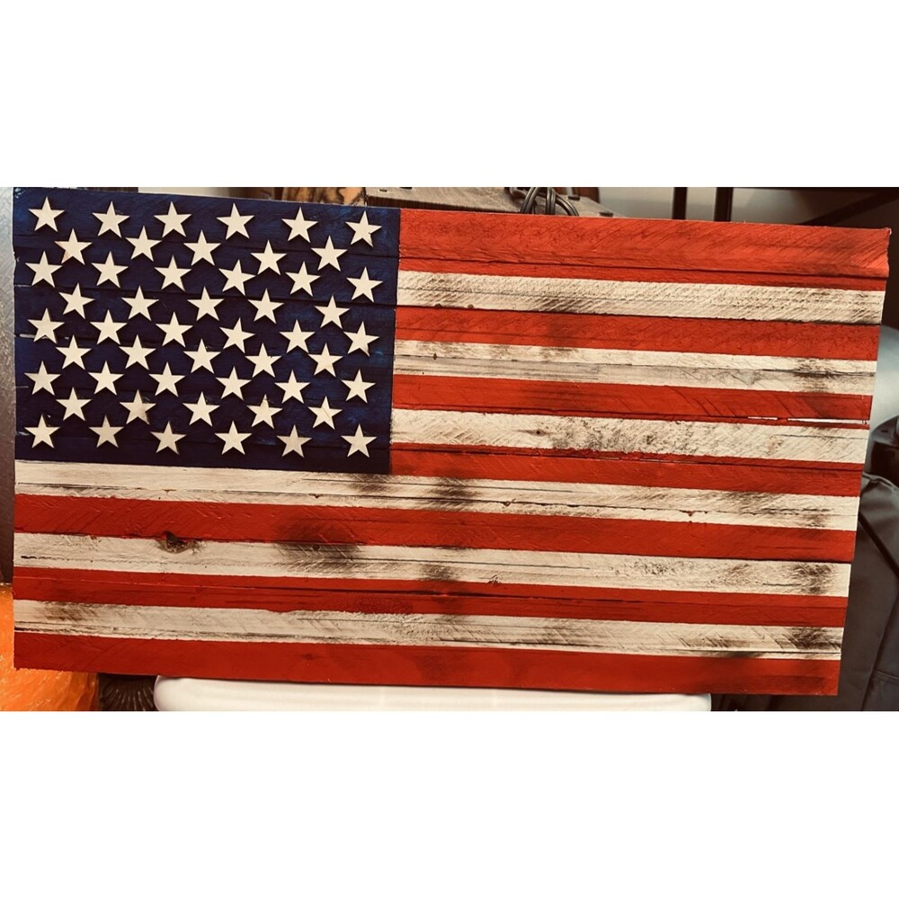 Handmade Wooden American Flag - stressed burnt wood 13"x24" indoor/covered porch